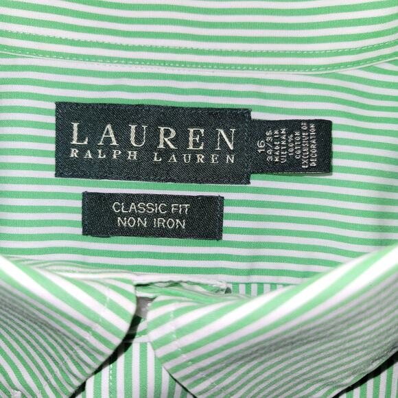 Lauren Ralph Lauren Non Iron Button Down Striped Shirt Men 16 34/35 Green White - Picture 5 of 8